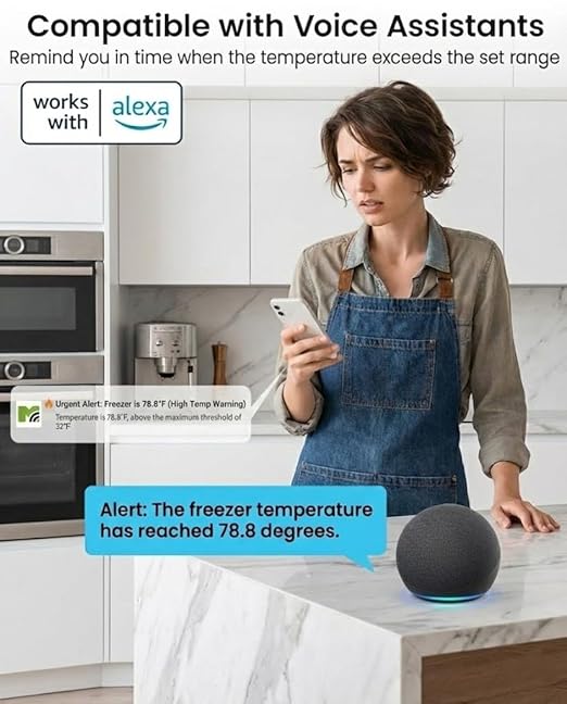 MOCREO WiFi Refrigerator Thermometer with Freezer Alarm, Email Alert, App Notification, Data Logging Export, No Subscription Fee, 2 Remote Temperature Sensor for Home Kitchen, Hot Tub