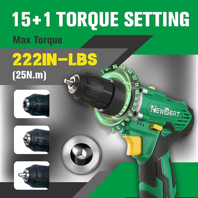 Cordless Drill Set, 12V Power Drill Driver with 2 Batteries and Charger, 3/8" Keyless Chuck, 2 Variable Speed, 15+1 Torque Setting Electric Drill, Power Tools Kit for Home and DIY Project