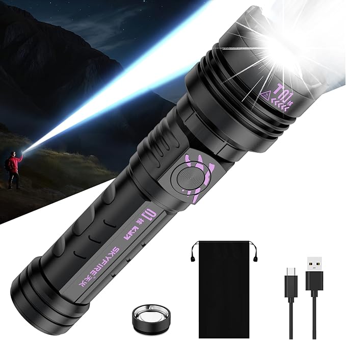 SKYFIRE Rechargeable Flashlights High Lumens: LED Super Bright Flashlight Zoomable 5 Modes Tactical Waterproof Handheld Powerful Flash Light for Camping, Emergency, Holiday Gift (with Ignition Lens)