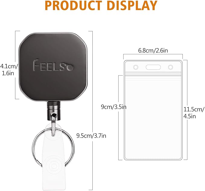 FEELSO Badge Holder Reel Retractable, Metal Heavy Duty Badge Holder with Belt Clip Key Ring and 6pcs Plastic ID Card Holders, Steel Wire Cord Up to 25 inch (2 Pack)