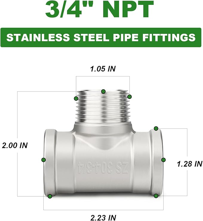 TAISHER 5PCS 304 Stainless Steel Tee Pipe Fittings, 3/4" NPT Female x 3/4" NPT Male x 3/4" NPT Female Pipe Fittings, Male Branch Tee