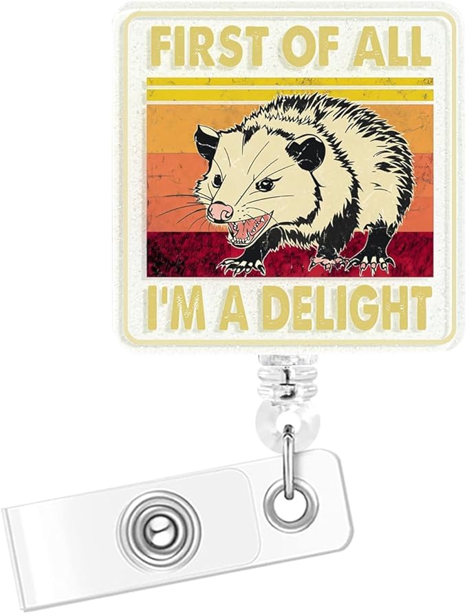 Funny Badge Reel, Id Card Holder Retractable with Alligator Clip, Cute Glitter Badge Buddy for Nurse Teacher Office Worker (Opossum)