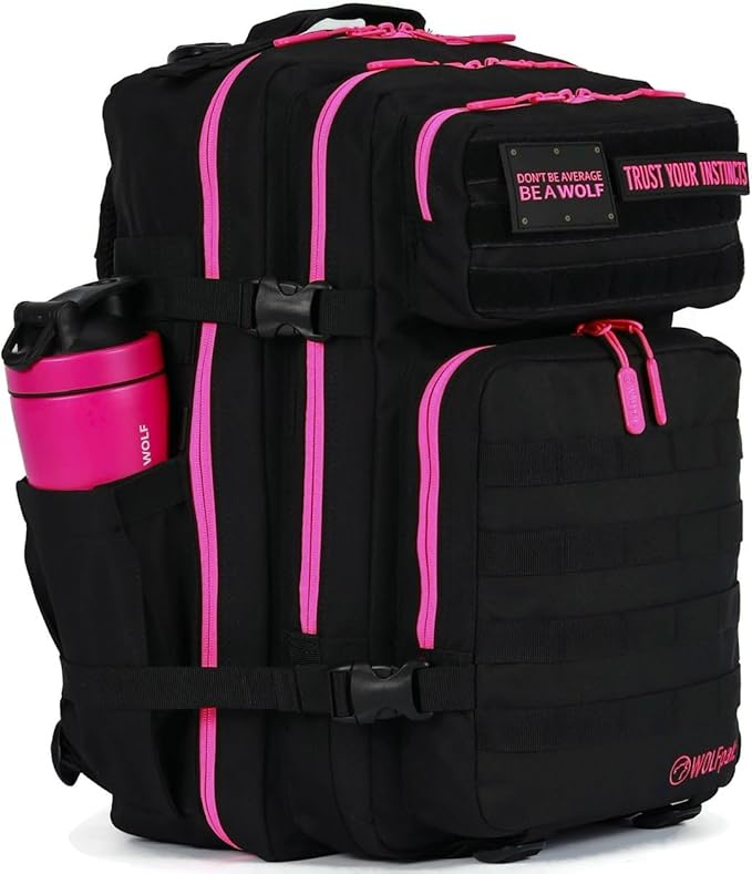 WOLFpak 45L Athletic Gym Backpack - Durable 1000D Waterproof Oxford Material with MOLLE Webbing, Laptop Pocket & Dual Cup Holders, Durable Fitness/Travel/Military Daypack (Neon Pink)