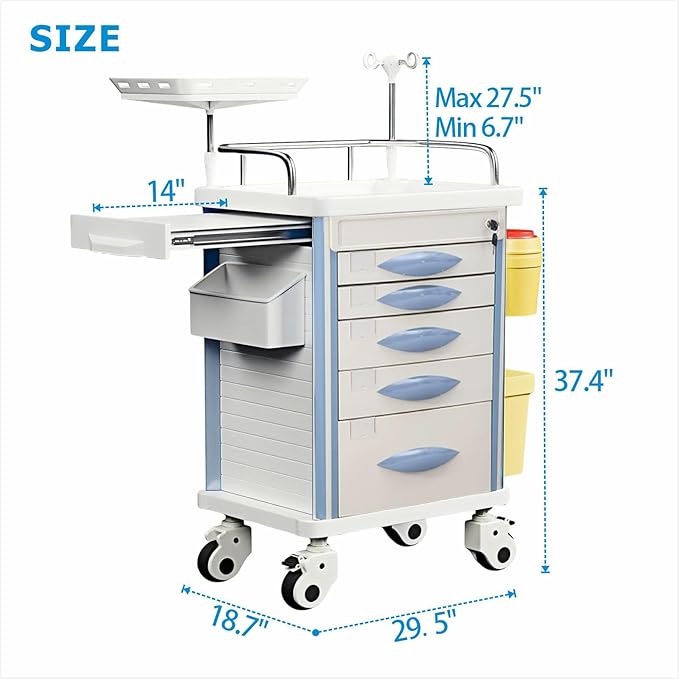 Emergency Crash Cart with Accessories IV Pole, Cardiac Board, O2 Holder, Mobile Cart, Trash Can, Drawer for Clinic,Nursing Center, 30" L x 19" W x 38" H (Grey)