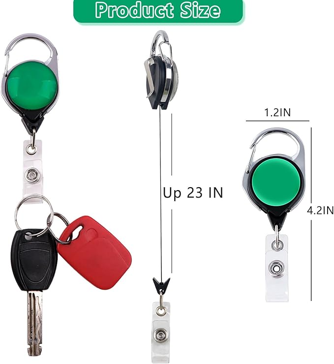 Green Retractable Badge Holder with Carabiner Clip, Durable Plastic ID Card Holder for Work, School, Events, Conferences - Retractable Reel Clip - Easy Access