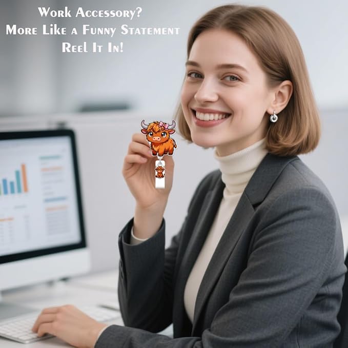 Cute Highland Cattle Badge Reel for ID Card, Funny Bow Cattle Retractable Nurse Alligator Clip Badge Reel for Women, ID Name Tag Badge Holder for Office School Hospital Nurses Doctors Teachers