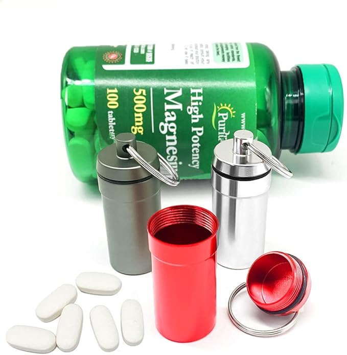 3 Packs Waterproof Aluminum Pill Fob Container, EFFIET Nitro Bottle Holder Nitroglycerin Pill Case Emergency Keychain Pill Holder for Medicine Organizer Dispenser (Silver-Matt-Red)