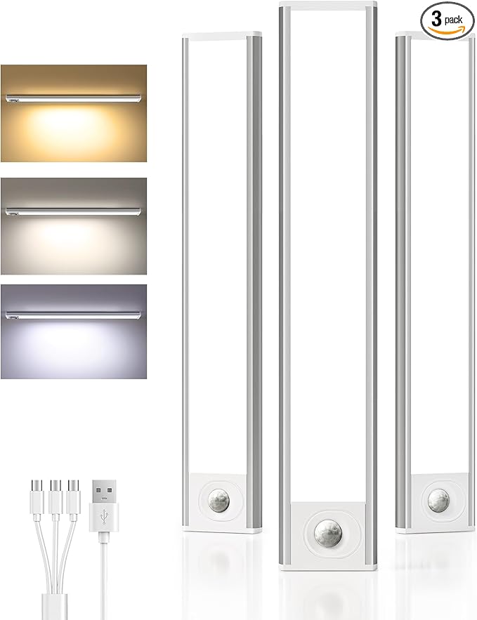 Under Cabinet Lighting Wireless,Rechargeable Battery Motion Sensor Light Indoor,LED Closet Lights USB Charging,3 Color Dimmable Under Cabinet Lights for Kitchen, Cabinet, Wardrobe (3 Pcs)12in