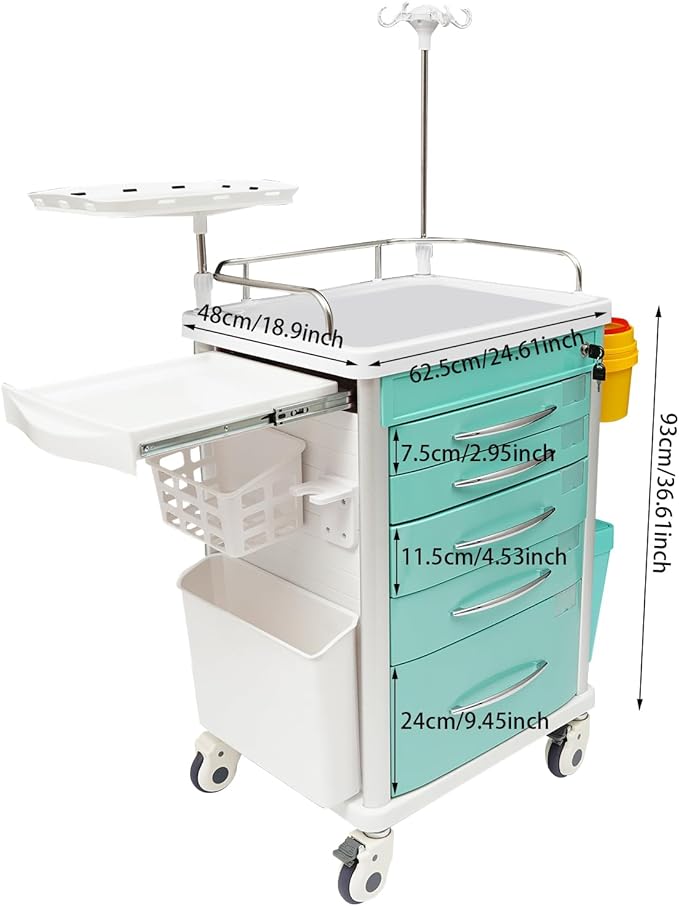 Rolling Crash Cart with Drawers & Adjustable IV Pole, Silent Casters, Needle Disposal Holder, Trash Bin, O2 Holder, Utility Trolley Cart for Clinic, Hospital, Salon, Lab, Load 176 Lbs (Green)