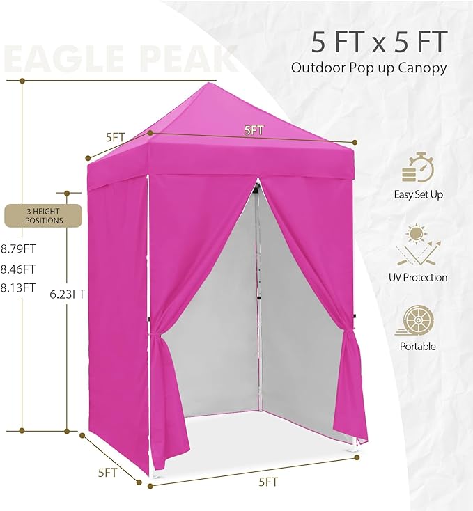 EAGLE PEAK 5x5 Instant Canopy with 4-Side Wall Panels, Small Pop up Portable Canopy Tent with Carry Bag, Light Weight Sun Shelter for Sports, Camping and Beach, Pink