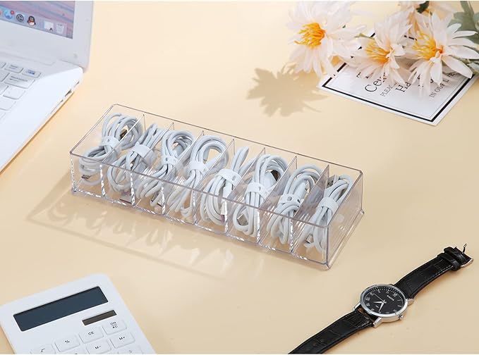 2PCS Clear Electronics Organizer Boxes, 8 Capacity Acrylic Charger Organizer, Cord Organizer Case with 20 Wire Ties, Data Cable Storage Box for Home, Office (Small Without Cover)
