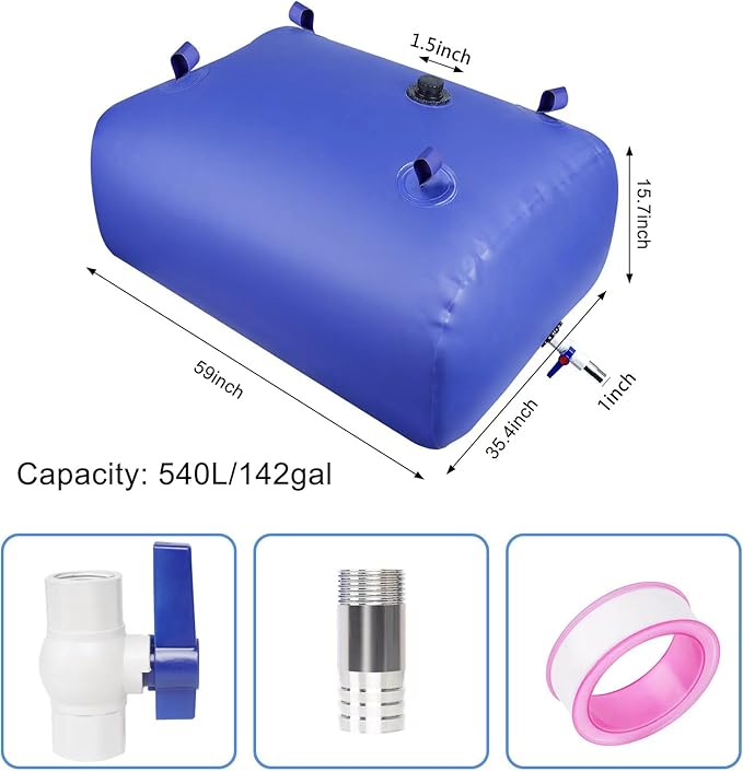 Heavy-Duty Water Storage Bladder - 142Gal/540L with Stainless Steel Fittings, Leak-Proof & Durable Cistern – Portable Tank for Emergency, Farming, Camping, and RV Use