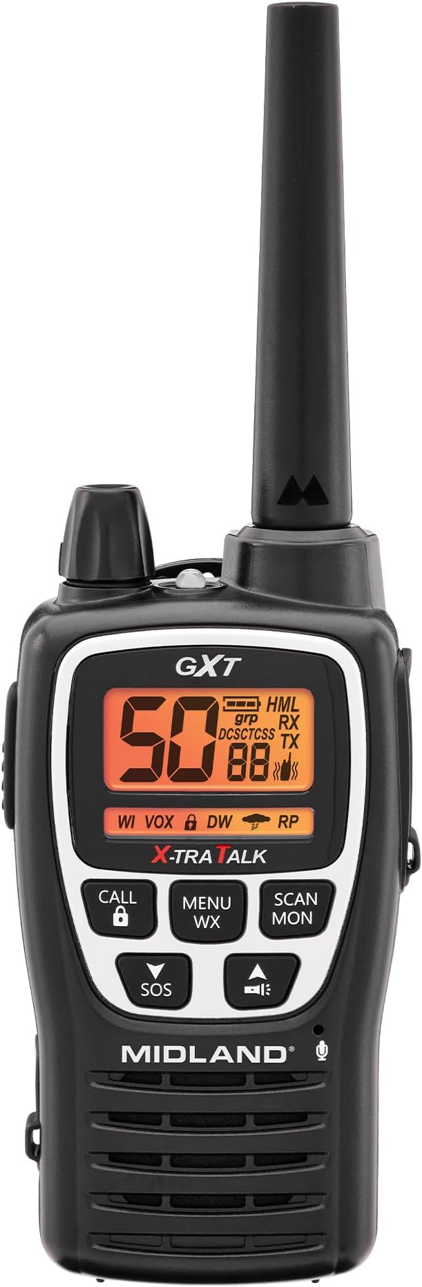 Midland GXT3000 GMRS Two-Way Radio (50-Channel, Repeater Capable, Long Range, 142 Privacy Codes, SOS, NOAA, Rechargeable Lithium Ion Battery, Black/Silver, 2-Pack)