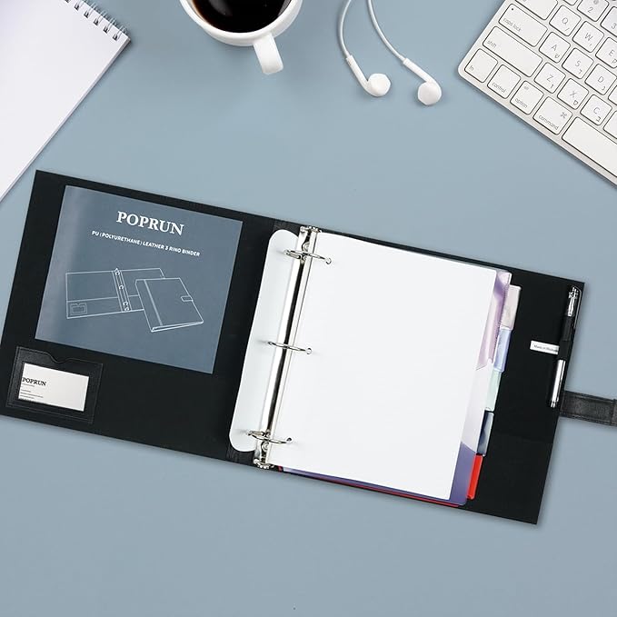 POPRUN PU Leather 1.5 Inch 3 Ring Binder, Professional Business Organizer- Includes PP Dividers, 100GSM / Grade AA Filler Papers, Card &Sticker for Tab- Ideal for Office Presentation Meetings, Black