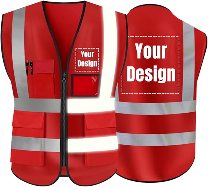 YOWESHOP High Visibility Safety Vest Custom Your Logo Protective Workwear 5 Pockets With Reflective Strips Outdoor Work Vest (Red (4XL))