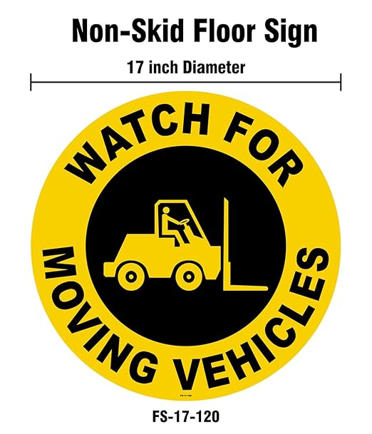 Stranco Floor Signs "WATCH FOR MOVING VEHICLES" Non-Slip Permanent Acrylic Adhesive, 17" Black on Yellow