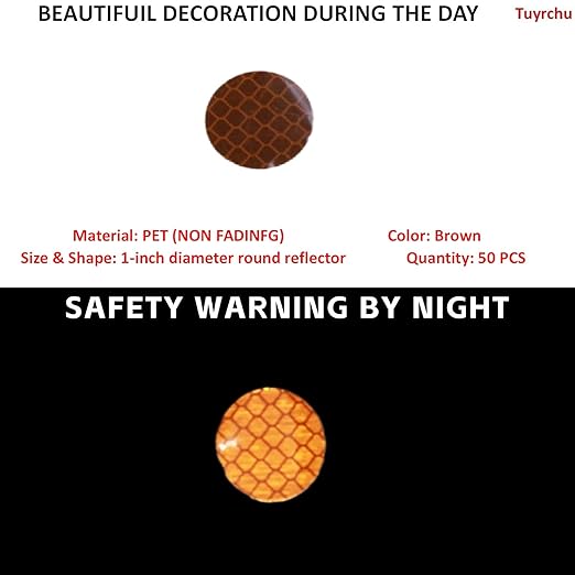 Non Fading Brown Reflective Stickers 1-inch Diameter Round Reflector, Outdoor Waterproof High Visibility Warning Adhesive Tape (50 Pcs)