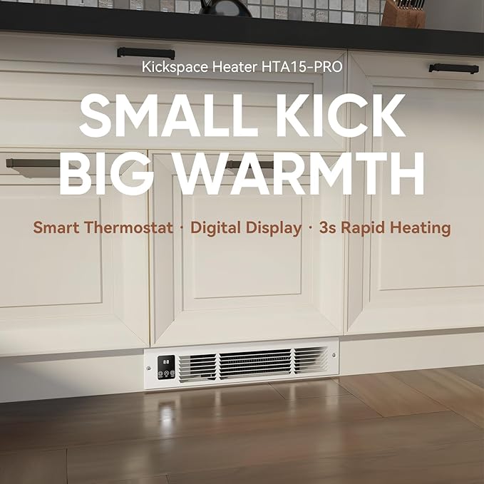 Electric Kickspace Heater with Built-In Thermostat and Timer, 1500W Plinth Heater HTA15-PRO for Cabinet Kickspaces, Vanities and Stairways, White