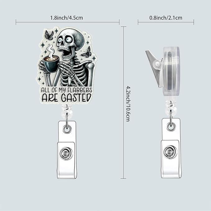 Funny Badge Reel Retractable, Excited Skeleton Badge Buddy for Rn CNA Work Accessories, Glitter Id Badge Clip with Alligator Clip (Coffee Addiction)
