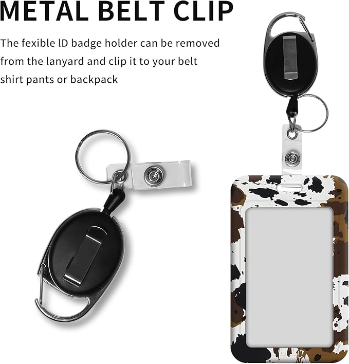 ID Badge Holder with Retractable Lanyard for Women & Men,Vertical ID Card Holder Wallet,Clear Window&Card Slot,Detachable Neck Strap for Nurse Teacher Office,Cow Print