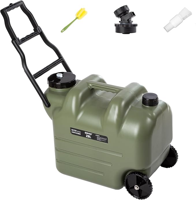 7.4 Gallon Water Jug with Wheels & Folding Handle, GIGYES Rolling Wheel Water Storage Tank for Hiking Camping, Portable