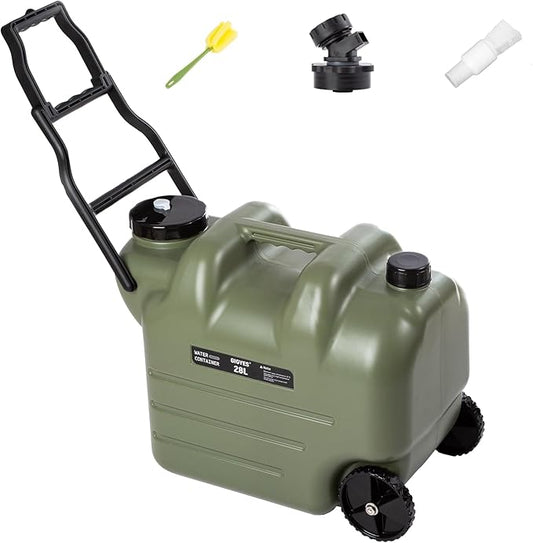 7.4 Gallon Water Jug with Wheels & Folding Handle, GIGYES Rolling Wheel Water Storage Tank for Hiking Camping, Portable