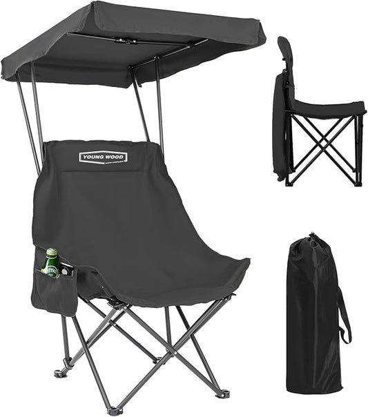 YOUNG WOOD Camping Chair with Shade Canopy, Beach Chair, Portable Fold Lightweight Oversized for All, Easy to Open and Close Without Installation, Side Pocket Design for All Outdoor Activities