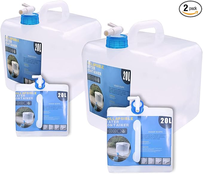 Collapsible Water Container with Spigot, Camping Water Storage Carrier Jug BPA-Free for Outdoors Hiking Backpack & Survival Kit, Foldable Portable Canteen 1.3/2.6/3.9/5.3 Gallon (5.3 Gallon, 2-pack)