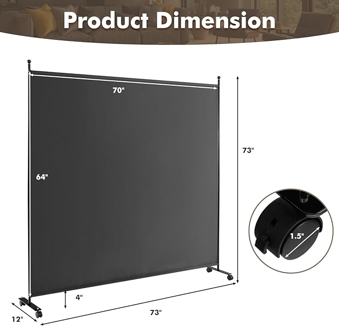 Giantex Room Divider Large Single Panel, 73''W x 73''H Privacy Screen with Lockable Wheels, Rolling Room Divider Panel for Home Office Studio, Partition Fabric Wall Divider for Room Separation, Gray