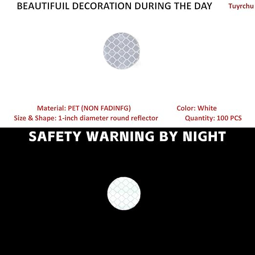 Non Fading White Reflective Stickers 1-inch Diameter Round Reflector, Outdoor Waterproof High Visibility Warning Adhesive Tape (100 Pcs)