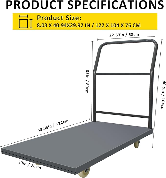 Heavy Duty Platform Truck Moving Flatbed Cart, 30"x48"Push Dolly, 2000 LBS Dolly Cart Flatform with Wheels and Handle, Steel Flatbed Cart for Luggage Moving, Shopping