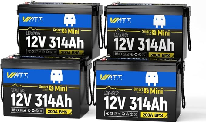 Wattcycle 12V 314Ah (300Ah) Mini LiFePO4 Lithium Battery - 15,000 Cycles, Bluetooth 5.0, 200A BMS, Aluminum Fins for RV, Marine, Solar, Lightweight 12v Lithium Battery (4 Packs)