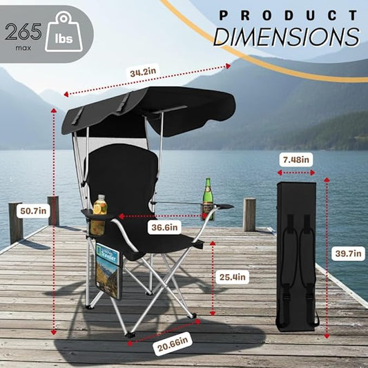 Portable Folding Camping Chairs with Canopy Shade, Beach Chair for Adults, Durable Weather Resistant 600D Oxford Cloth, Camping Chair with Canopy for Outdoors [Black-2 Pack]