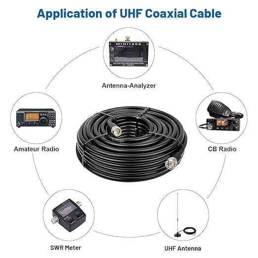 50ft KMR400 PL259 Male to Male Coaxial Cable - Low Loss UHF Cable for HAM Radio, VHF Radio, SWR Meter, Antenna Analyzer