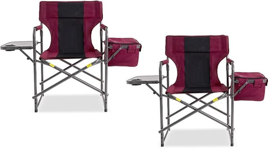 Director Camping Chair Set of 2 with Cooler Bag & Foldable Side Tray - 400lbs Heavy Duty Outdoor Folding Lawn Chair, Portable Camp Chair for Backyard, Fishing, Beach (Wine Red)