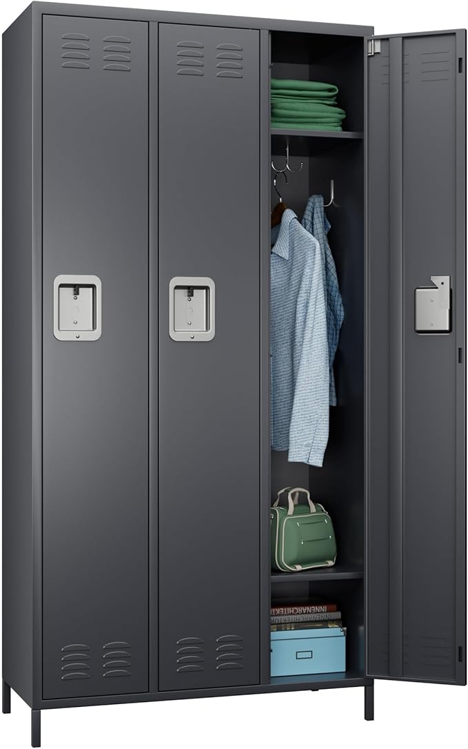 Metal Lockers with 3 Doors, 72" Tall Locker for Employees, Home Office School Gym, Assembly Required, 3 Doors, Dark Gray