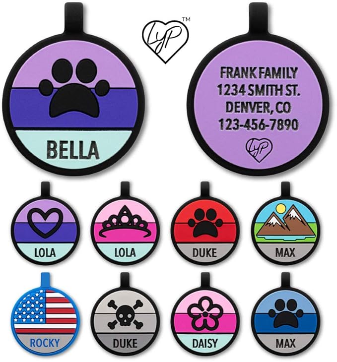 LYP Original Soundless Pet ID Tags | Custom Dog Tags Personalized for Pets | Durable Silicone Deep Engraved Dog Tag | No More Jingling | Purple Paw