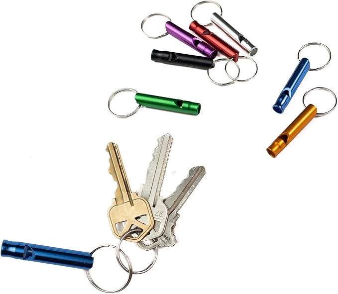 A Set of 5 Extra Loud Whistles for Camping Hiking Hunting Outdoors Sports and Emergency Situations, Sturdy but Light Aluminium Key Chain Signals