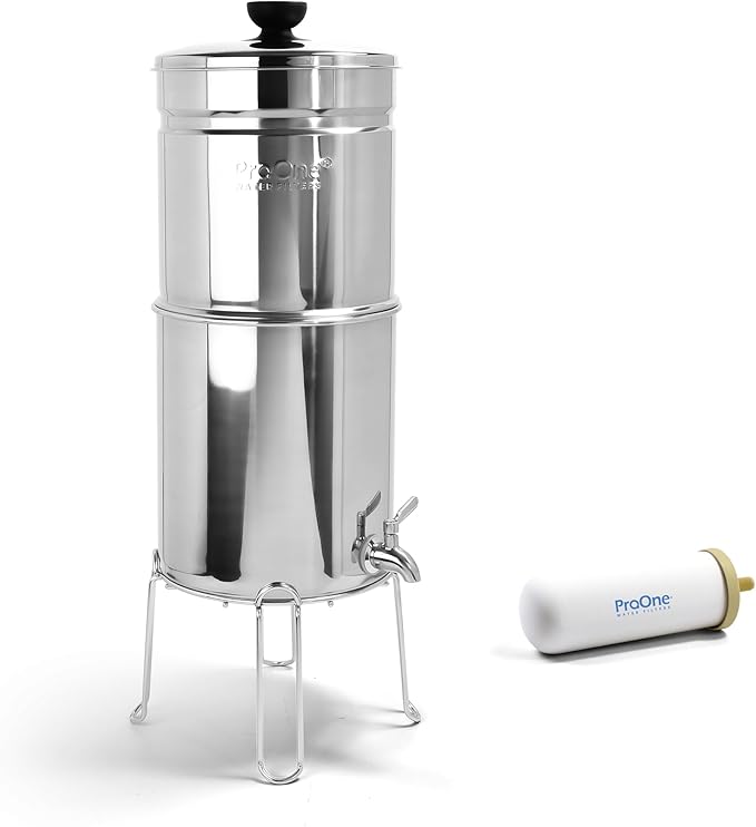 Pro One Gravity Water Filter System - NSF Certified, Removes Fluoride & Chlorine, Stainless-Steel Portable or Countertop Dispenser for Home, Camping & Travel (3 Gallon) with One 7” Filter