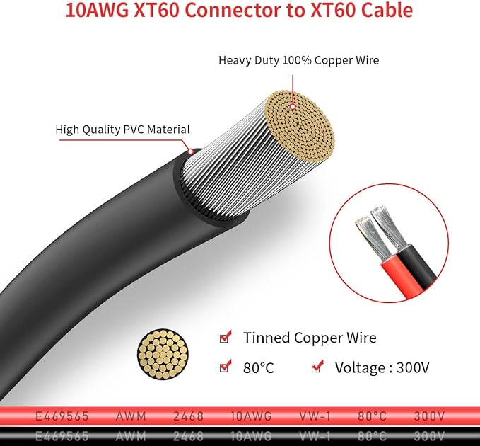 10AWG 75FT XT60 Extension Cable 2 6 10 20 35 50 75 100FT XT60 Female to Male Connector for RC Battery Portable Power Station Solar Panel(75FT)