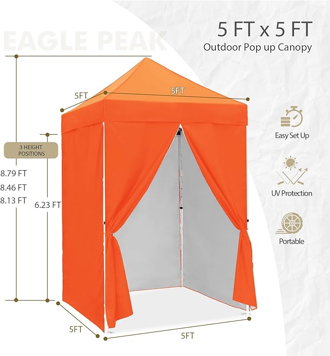 EAGLE PEAK 5x5 Instant Canopy with 4-Side Wall Panels, Small Pop up Portable Canopy Tent with Carry Bag, Light Weight Sun Shelter for Sports, Camping and Beach, Orange