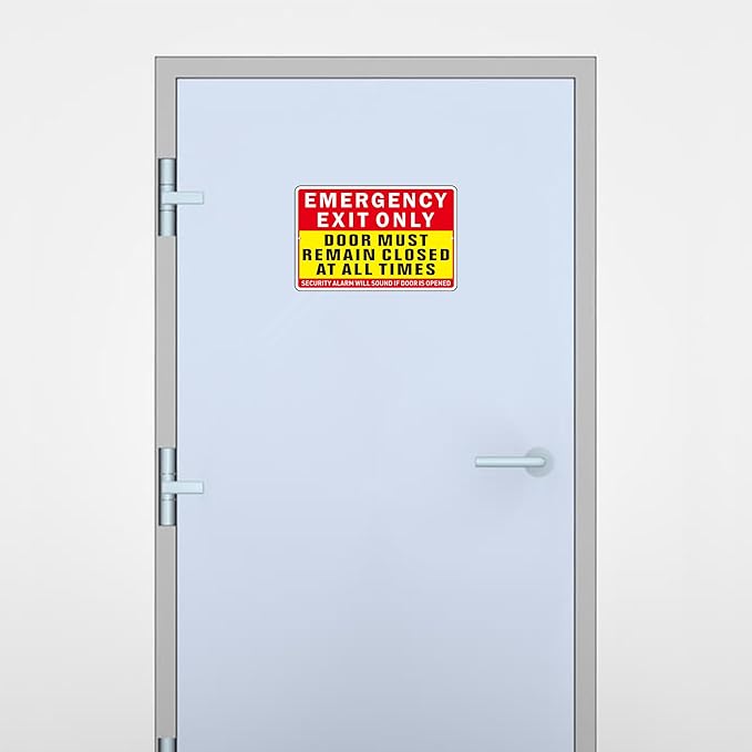 Emergency Exit Only Sign, (2 Pack) Self Adhesive Emergency Exit Sign Sticker for Door, Rust Free and Reflective Aluminum Metal Signs for Wall (9 x 6 inches, Red/Yellow)
