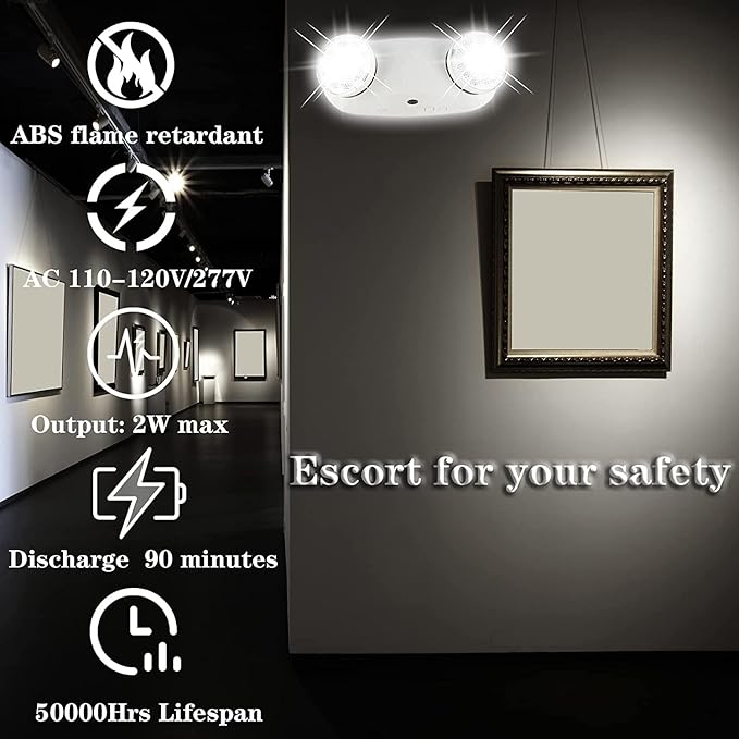 LED Emergency Lights with Battery Backup, Commercial Emergency Light, Two Adjustable LED Light Heads, UL 924 Qualified, AC120/277V, Hardwired Indoor Exit Lighting Fixtures for Business (6-Pack)