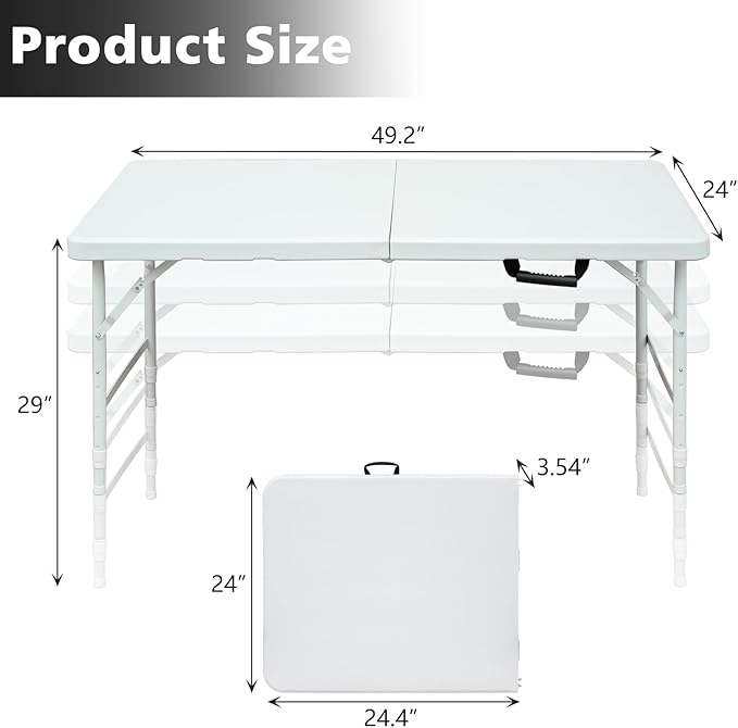 Portable 4Ft Adjustable Height Plastic Folding Table, Heavy Duty Fold-in-Half Table with Carrying Handle, Small Utility Foldable Table for Picnic Party Camping BBQ, Indoor/Outdoor(White)