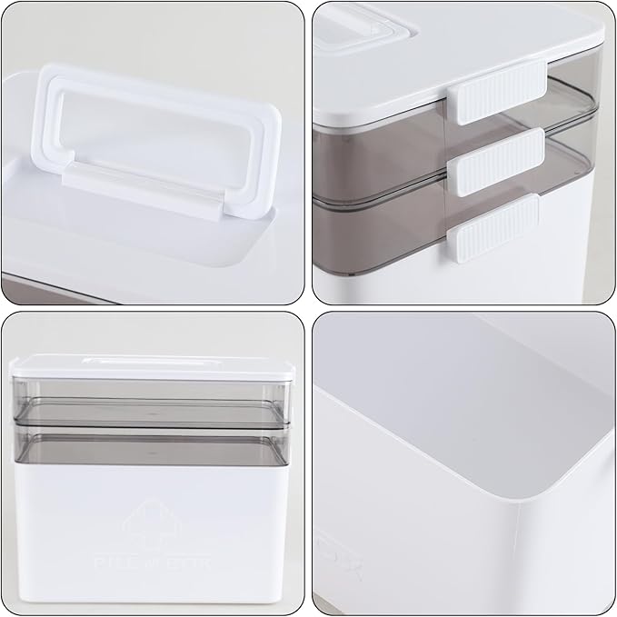 Kekow 3-Tier Portable Medicine Cabinet Organizer, Plastic Large Medicine Storage Box with Handle, White