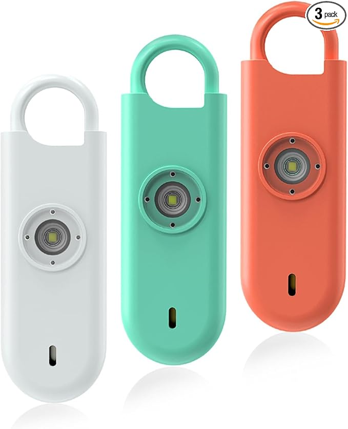 140dB Personal Safety Alarm for Women, 3 Pack Safe Alarm Protection Keychain with Strobe Light & Low Battery Notice, Security Siren Self Defense for Seniors College Girls, White+Green+Orange