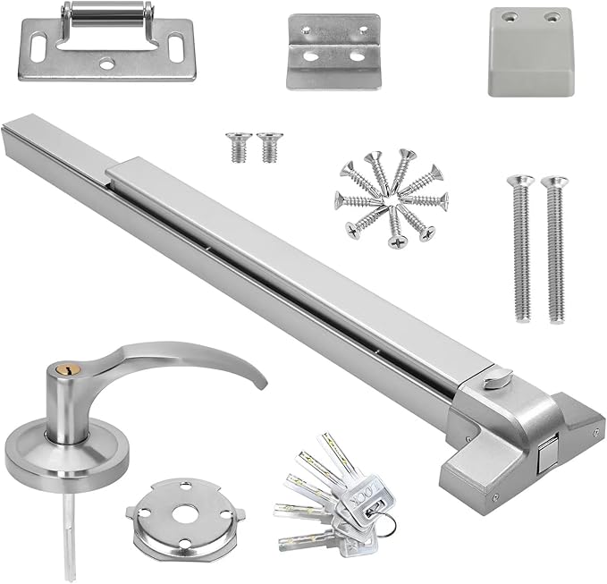 31.5”/80cm Stainless Steel Commercial Door Push Bar Panic Exit Device with Exterior Lever Handle - Fits 30"-37" Wood & Metal Doors