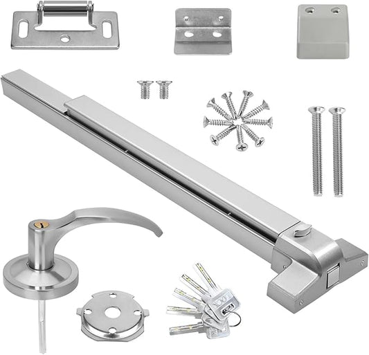 31.5”/80cm Stainless Steel Commercial Door Push Bar Panic Exit Device with Exterior Lever Handle - Fits 30"-37" Wood & Metal Doors