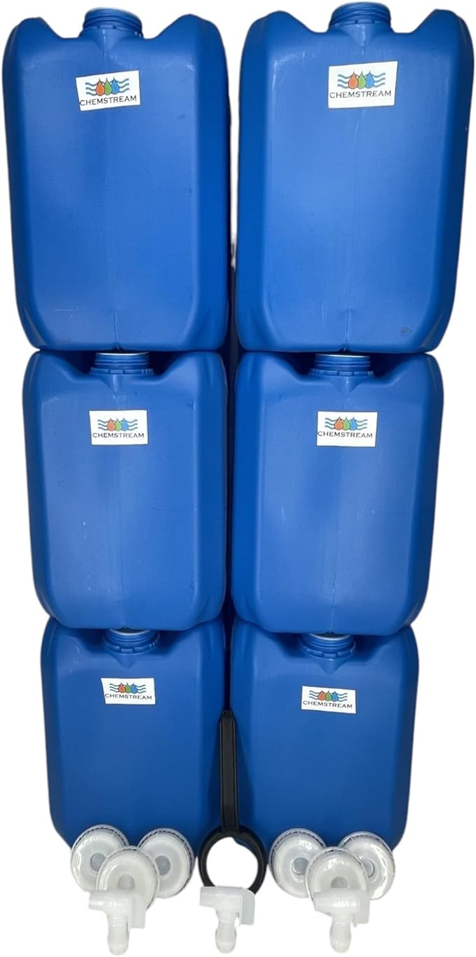 5 Gallon Stackable Emergency Water Storage Container | Beverage Dispenser | Carboy | Jerrican | 70MM Cap with 3/4" punchout for Spigot | 6 Pack | 3 Spigots | 1 Cap Wrench | 30 Gallon Capacity