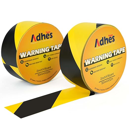 ADHES Black & Yellow Hazard Warning Safety Tape, 2 Inch x 35 Yards x 2 Rolls High Visibility Wear Resistant Floor Marking Caution Tape for Indoor & Outdoor, Gym, Factory, Parking, School and More